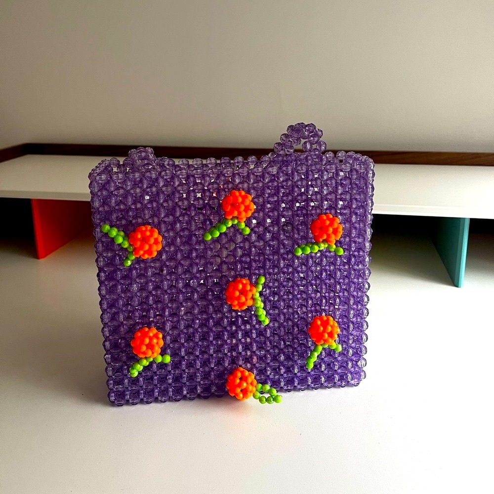 Susan Alexandra Purple Beaded Shoulder Bag with Orange Floral Accents